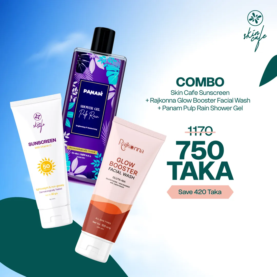COMBO - Skin Cafe Sunscreen 60ml + Rajkonna Glow Booster Facial Wash with Gluta-Nia 100ml + Panam Shower Gel Pulp Rain 250ml