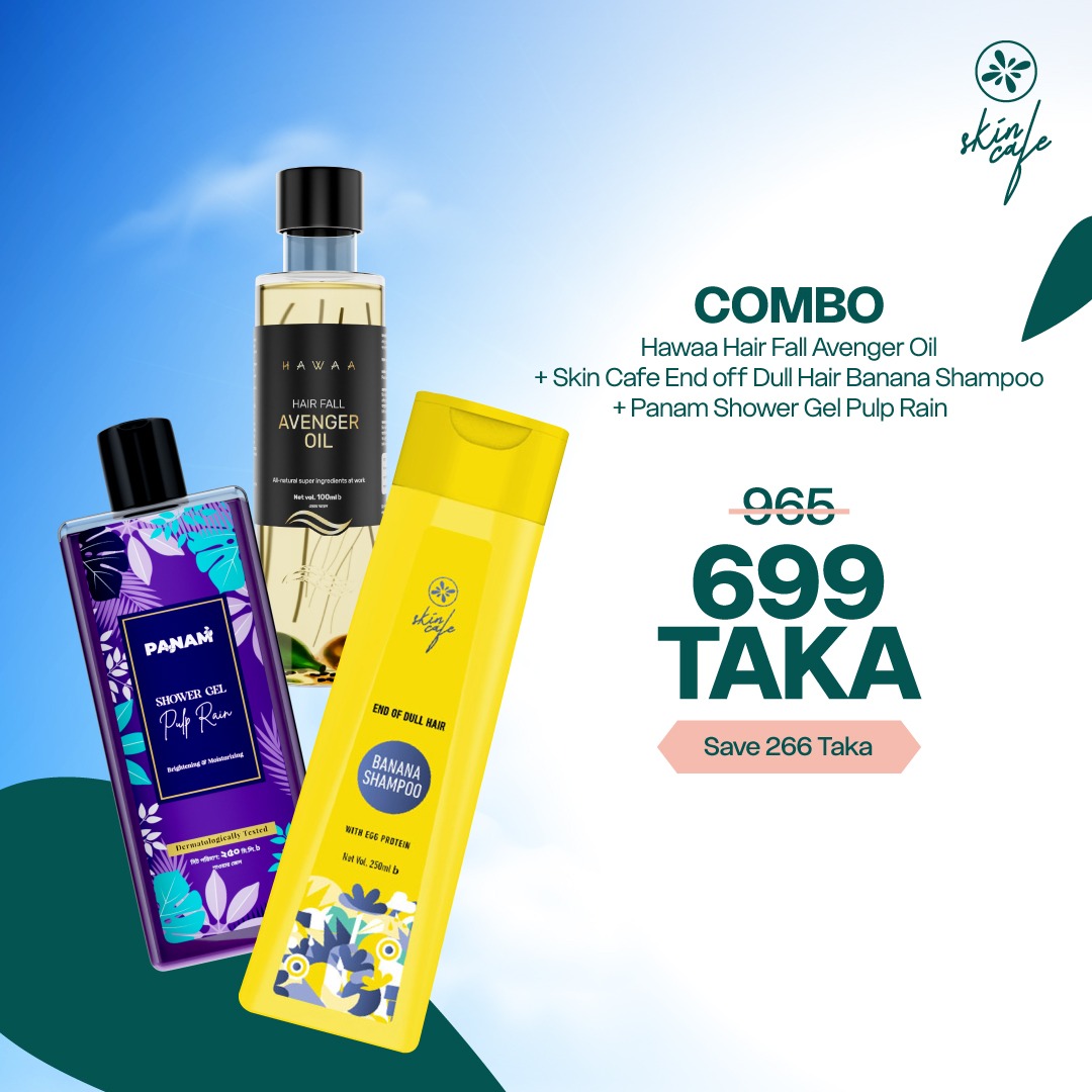 COMBO – Skin Cafe Banana Shampoo 250ml + Hawaa Hair Fall Avenger Oil – 100ml + Panam Pulp Rain Shower Gel – 250ml